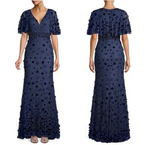 Floral Embellished V-Neck Appliqué Flutter Sleeve Lace Empire Waist Gown